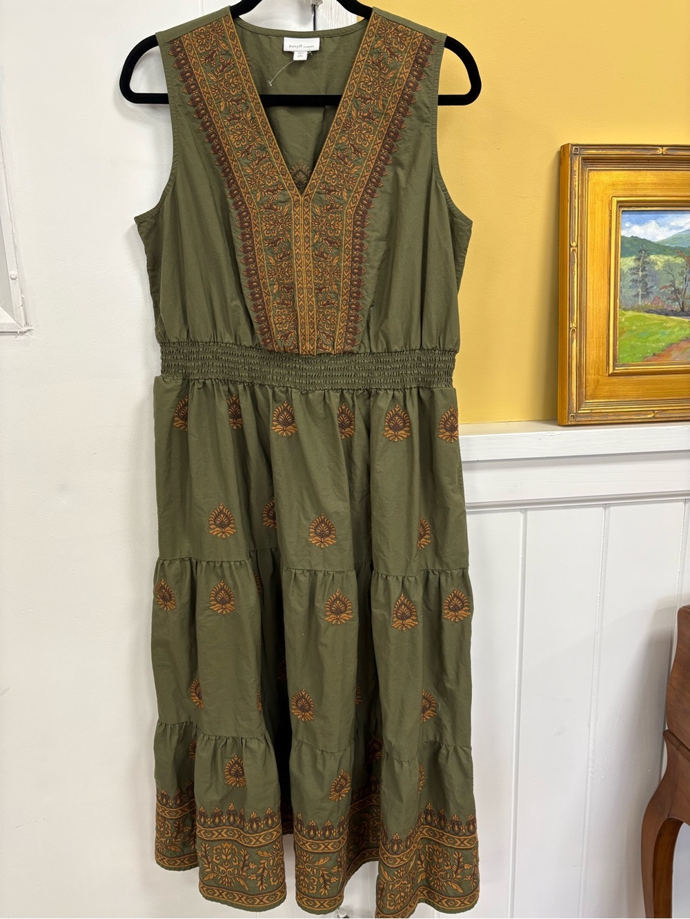 J Jill Olive Green Embroidered Maxi Dress